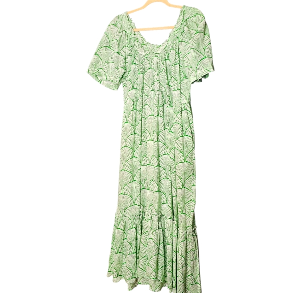 Cariloo Tiered Relaxed Seashell Green Print Scoop Neck Resortwear Dress L/XL